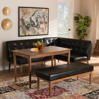 Baxton Studio BBT8051-Dark Brown/Walnut-4PC Dining Nook Set Arvid Mid-Century Modern Dark Brown Faux Leather Upholstered 4-Piece Wood Dining Nook Set